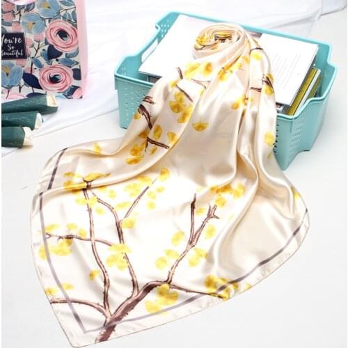 90*90cm Silk ginkgo Scarves Women Foulard Square Head Hijab Scarf Ladies Satiny Shawl wrap muffler pareo female hijab poncho