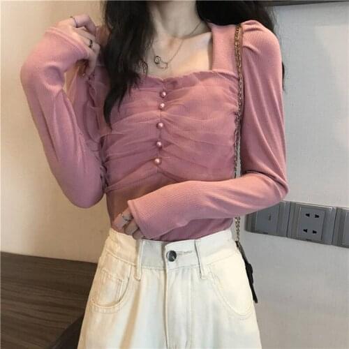 Temperament Square Collar Knitted Tops Women Chic Mesh Patchwork Long Sleeve Fall Pullovers Solid Soft Elegant Ropa Mujer