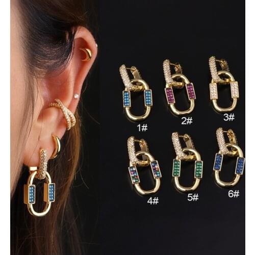 1PC Colorful Cz Zircon Big Dangle Earrings Women Geometric Chain Girl Huggie Hoop Tragus Lobe Ear Cartilage Piercing Jewelry