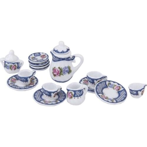 15pcs Miniature British Style Porcelain Tea Set Dish/Cup/Plate---Blue for 1/12 Dollhouse