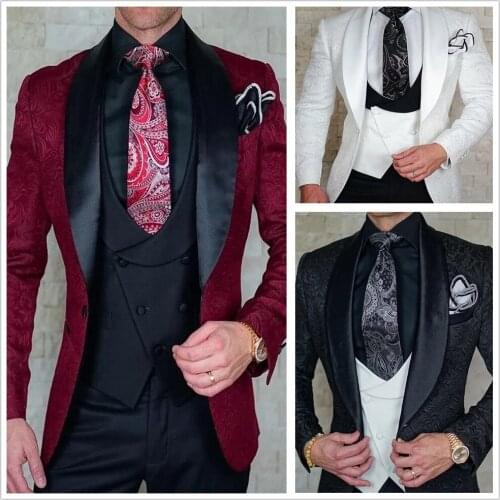 Formal 2021 Tailor-Made Burgundy Tuxedo Groom Suits For Men Wedding Suits Slim Fit Vest Suits Groom Prom Jacquard Blazer 3pcs