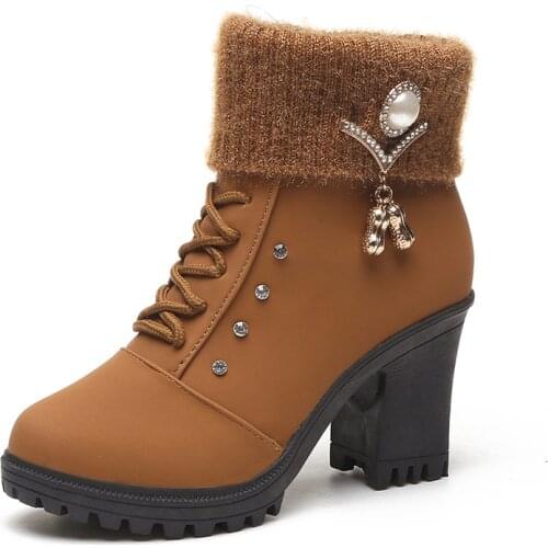 High Heel Winter Shoes Women Winter Boots Fashion Womens High Heel Boots Plush Warm Fur Shoes Ladies Brand Ankle Boots crystal