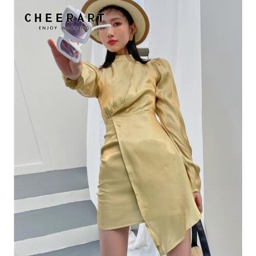 CHEERART Yellow Gold Puff Sleeve Glitter Dress Women Long Sleeve Satin Tunic Ladies Mini Dress Asymmetrical Korean Fashion 2021