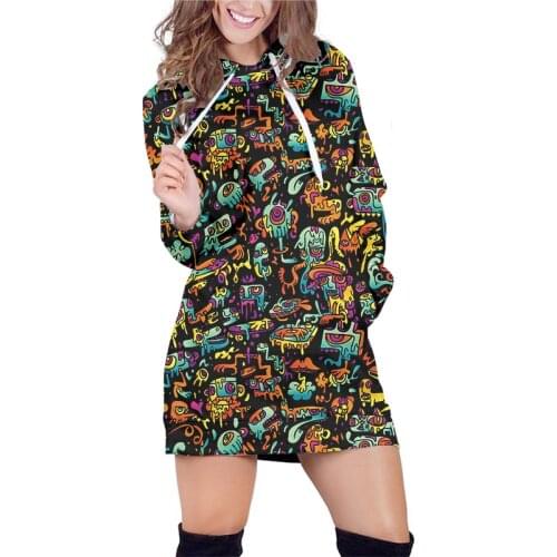 OGKB 3d Hoodie Dress Womens Long Hoodie Sweatshirt Casual Abstract Anime Graffiti Print Fun 3d Print Sweatshirt Women Hoodies