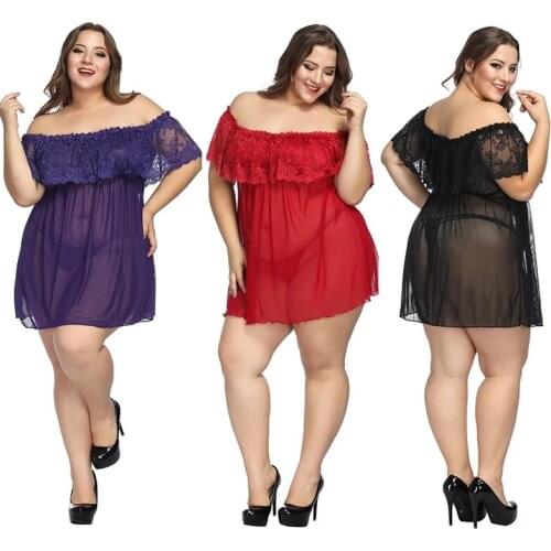 Women Lingerie Night Gown Sexy Erotic Lace Night Dress Hollow-out Pijama Women Sexy Sleepwear with Thong G-string Plus Size 6XL