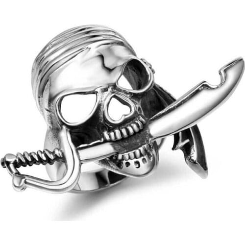 Personality Pirate Skull Dagger Ring Silver Color Titanium Steel Ring Mens and Womens Gothic Punk Rock Hip Hop Fashion Jewelry