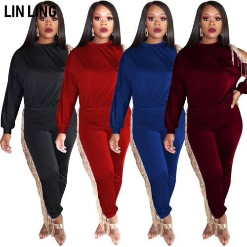 Solid Off Shoulder Bead Piece Tassel Jacket + High Waist Bottom Pants Daily Matching Two-piece Set