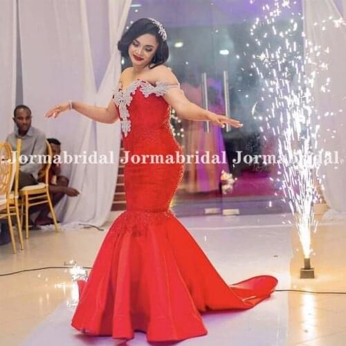 Red Long Mermaid Evening Dresses With Lace Appliques Rhinestones Bead Off Shoulder Spaghetti Strap Evening Dress Formal Vestidos