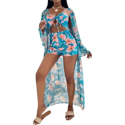 2021 Custom 3 Pieces Bathing Suit Women Mesh Sexy Bikini High Waisted Swimsuit Swimwear