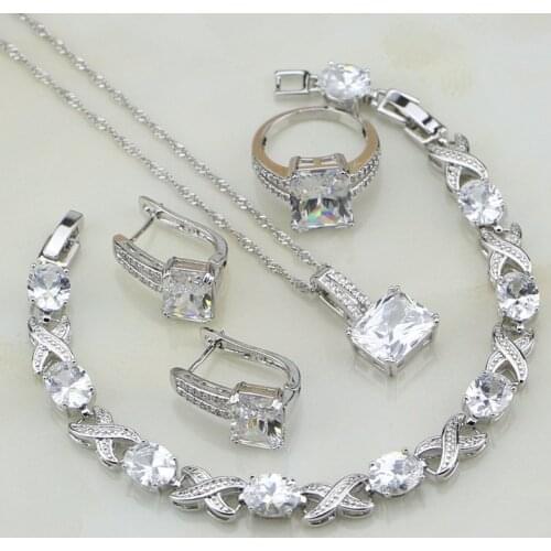 Square 925 Silver Jewelry White Cubic Zirconia Bridal Jewelry Sets For Women Engagement Bracelets/Necklace/Pendant/Earrings/Ring