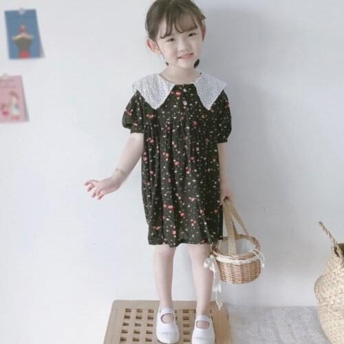 Summer New Girl Floral Dress Big Lapel Collar Cute Short Sleeve Sundress Kid Clothing For Girl Fairy Fashion Dress