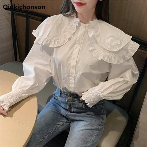Kawaii Frilly Ruffle Peter Pan Collar White Tops for Women Teen Girls Preppy Style Long Lantern Sleeve Button Up White Shirts