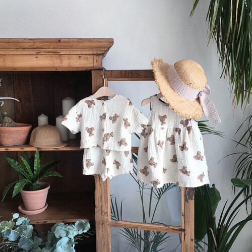 Childrens Clothing Baby Brother Sister Matching Outfits Toddler Boys Suit Girls One Piece Dress Newborn Infant Sets Bear Cotton