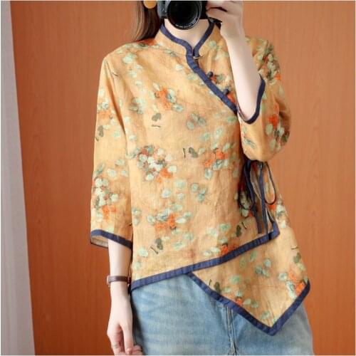 Chinese Style Clothing Women Blouse Print Qipao Tops Casual Cotton Linen Shirt Hanfu Elegant Fashion Oriental Clothing 12143