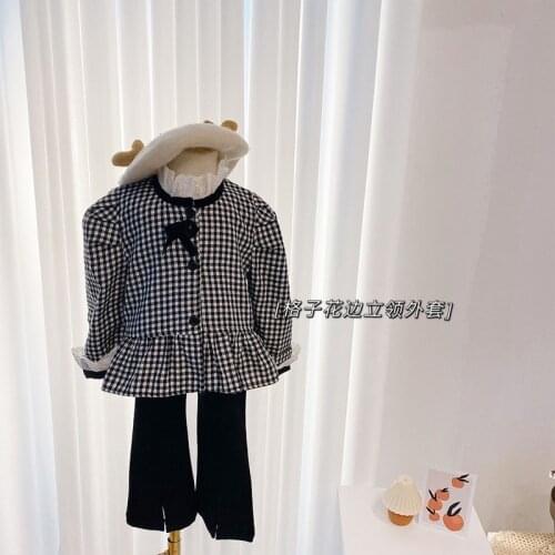 Autumn Plaid Girls Coat Fashion Childrens Clothes Black And White Small Fragrance Stand Collar Lace Collar Thin Coat Shirt 2-6Y