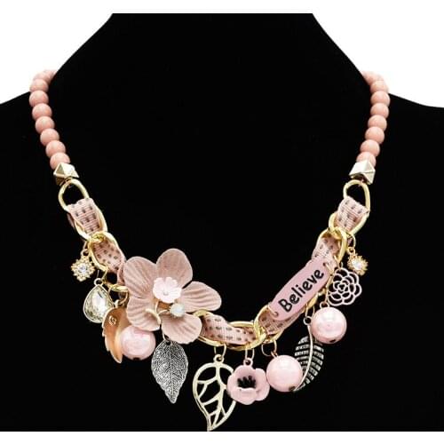 Romantic Pink Grey Flower Leaf Crystal Beads Choker Necklaces for Women Female Banquet Party Jewelry Gift collares para mujer