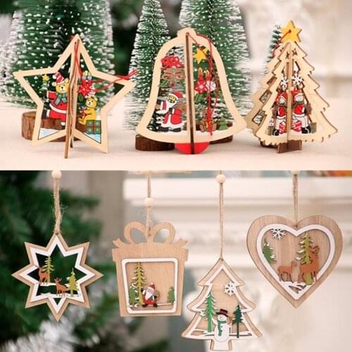 Christmas Decorations Wooden 3D Laser Cutout Christmas Tree Small Pendant Wooden Five-pointed Star Bell Pendant Decorations 1 PC