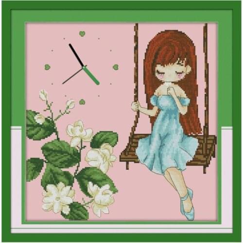 Pink Jasmine Girl Swing Warm Manual Embroidery Stitch Cross Stitch Kit Furniture Decoration Accessories Wall Sticker Wall Clock