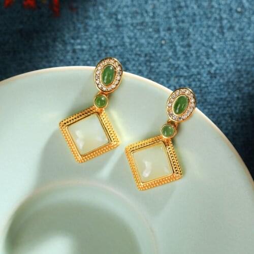 S925 Silver Earrings Inlaid Natural Hetian Jade White Jade Female Gold Plated Popular Retro Fashion Ear Stud Earring Ear Rings