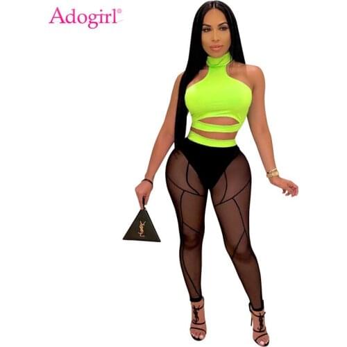 Adogirl Women Sexy Two Piece Set Hollow Out Solid Halter Crop Top Tank Sheer Mesh Pants with Underwear Night Club Suits Clothes