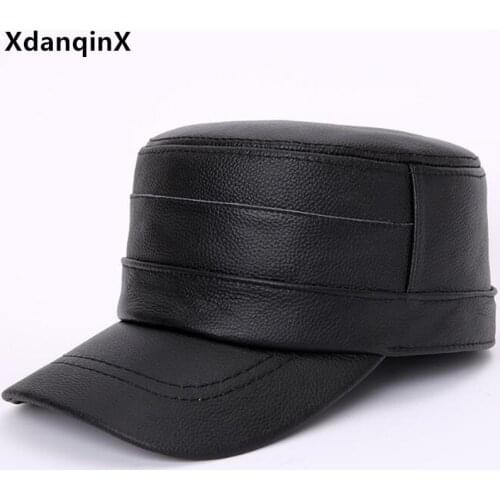 XdanqinX New Winter Mens Warm Hat Natural Genuine Leather Cap Cowhide Leather Military Hats Men Flat Caps Snapback Cap Navy Hat