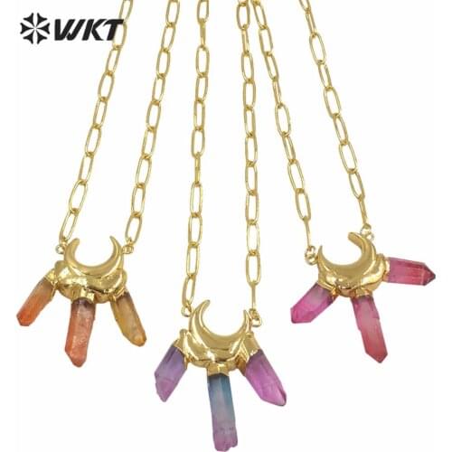 WT-N1251 Luxury Triple Color Quartz Pendant Stone Necklace New Rainbow Colorful Aura Quartz Statement Stone Necklace Gift