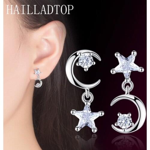 Star Moon Stud Earrings All-match OL Temperament Silver Plating Stud Women Zircon Korean Version Simple Trendy Ear Jewelry
