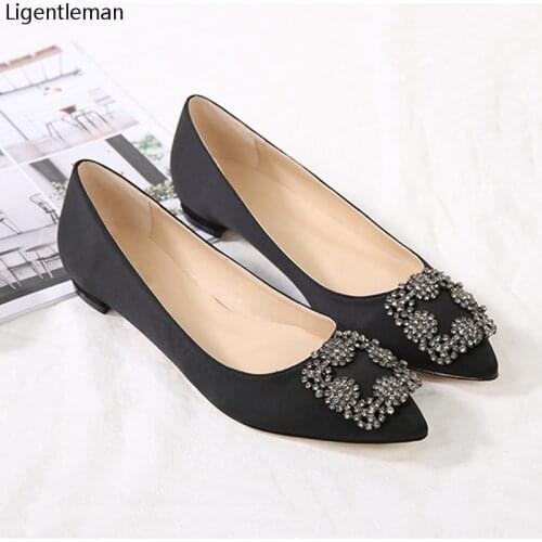 Black Satin Cloth Flats Shoes Woman Basic 2021 Fashion Sequined Rhinestones Crystal Diamond Flats Bridal Shoe Work Women Shoes