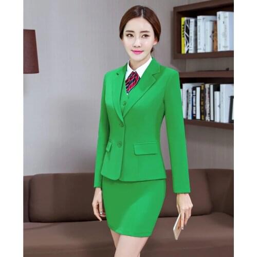 Formal Green Blazer Women Business Suits with 3 Piece Waistcoat, Skirt and Jacket Sets Office Ladies Work Wear Uniform Styles
