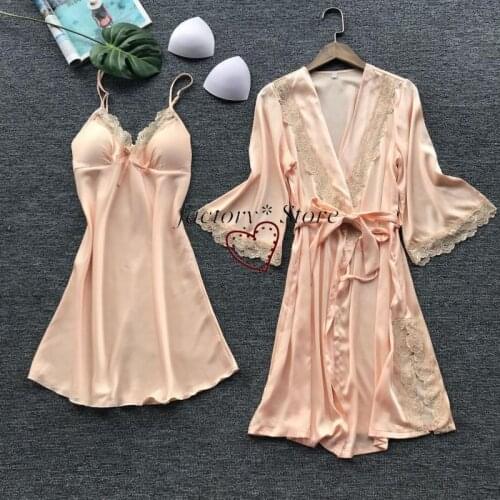 Women Robe Robe and White Deep V Sling with Chest Pad Lace Sexy Robe Bathrobe A Tawel