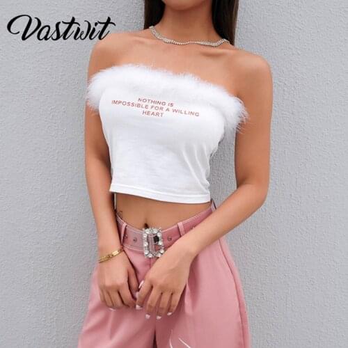 Womens Tube Top Fashion White Corset Crop Top Y2k Aesthetic Summer 2021 Letter Printed Fluffy Plush Feather Trim Bandeau Camis