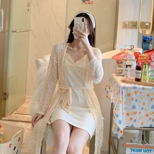 2PCS Sexy Lace Lingerie Modal Nightgowns Robe Sets for Women Korean Summer Bathrobe Sleepwear Nightdress Night Dress Home Nighty