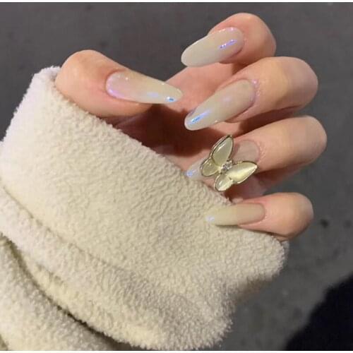 24pcs Fake Nails White Blu-Ray 3D Butterfly Coffin Long Paragraph Fashion Manicure DIY Nail Art Decoration For Manicures EF