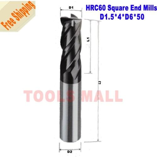 Free Shipping-5pcs1.5mm Carbide Square End mills HRC60 4 flutesTiALN coated Milling cutters CNC Spiral Router bits CNC tools