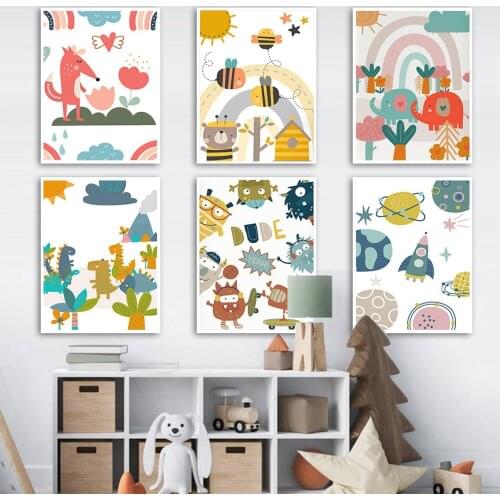 Dinosaur Planet Elephant Rainbow Nursery Wall Art Canvas Painting Nordic Posters And Prints Wall Pictures Kids Baby Room Decor