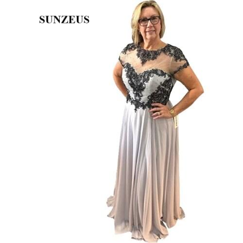 Long Chiffon Mother Of The Bride Dress With Black Appliques A-line Cap Sleeves Lady Wedding Party Gowns Mother Formal Dress