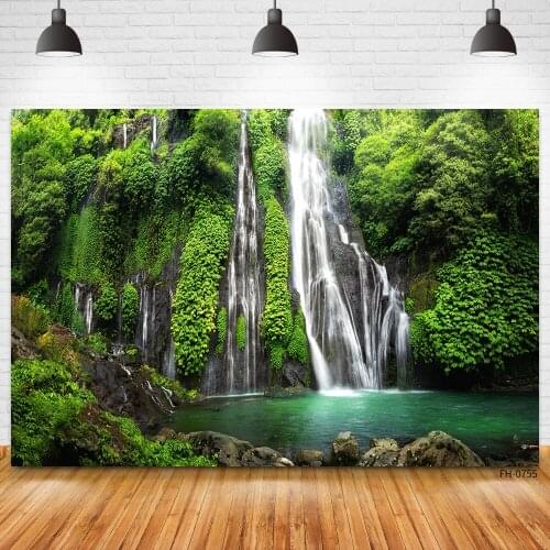 Summer Natural Scenery Forest Waterfall Green Trees Mountain Baby Portrait Photo Studio Backdrop Holiday Photography Backgrounds