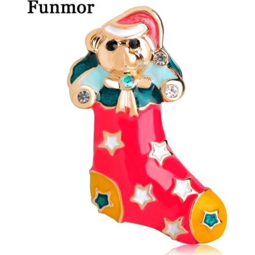 Funmor Cute Enamel Bear Doll Stocking Brooches For Women Children Crystal Hose Brooch Badge Christmas Gift Clothes Accessories