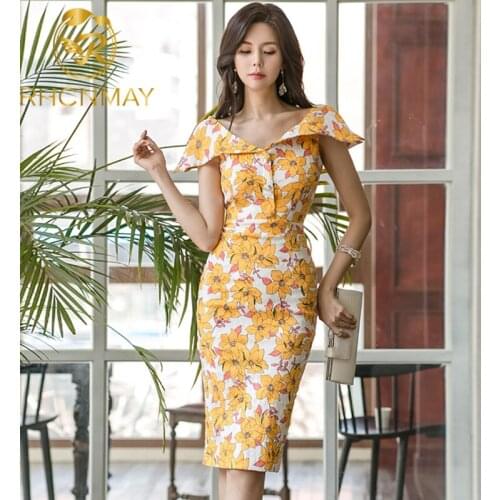 Korea New Arrival Summer Women OL Elegant Vintage Party Print Pencil Dress Temperament Comfortable Slim V-neck Sexy Formal Dress