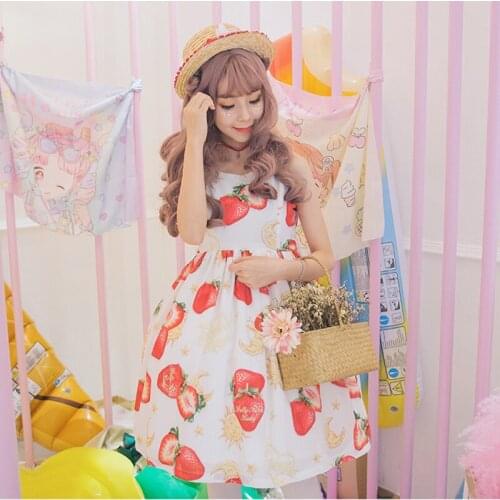 Star Moon Strawberry Cute Womens Lolita JSK Dress Summer Suspender Dress Simple One Piece WhiteSweet