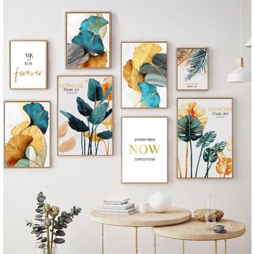 Leaf Plant Letters Wall Art Canvas Painting Nordic Living Room Orange Palm Ginkgo Decoration Picture Posters Modern Home Decor