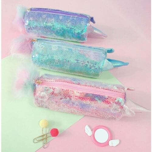 New Student Pencil Case Cute Soft Glitter Sequin Pencil Pouch Cosmetic For Girls Pencil Bag Pencilcase Kawaii School Supplies