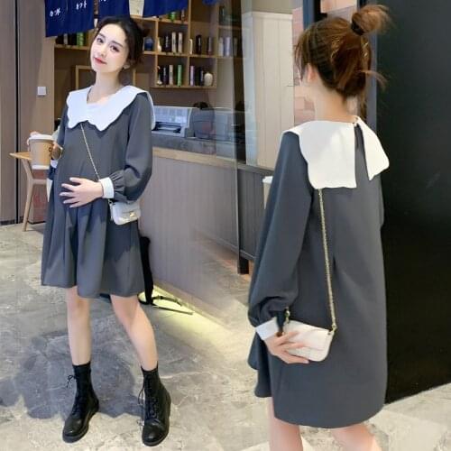 9579# 2021 Autumn Korean Fashion Maternity Dress A Line Loose Long Sleeve Clothes for Pregnant Women Sweet Chic Pregnancy Tops