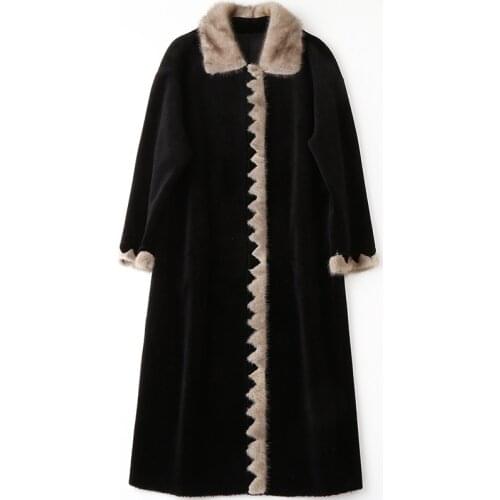 Fashion Mink Collar Coat Sheepskin Black Winter Luxury Long Loose Thick Warm Real Fur Office Wool Overcoat High Quality Outwear