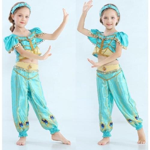 Flower Girl Dress Christmas Halloween Party Girls Fancy Dress Lamp Princess Jasmine Cosplay Costume with Hat