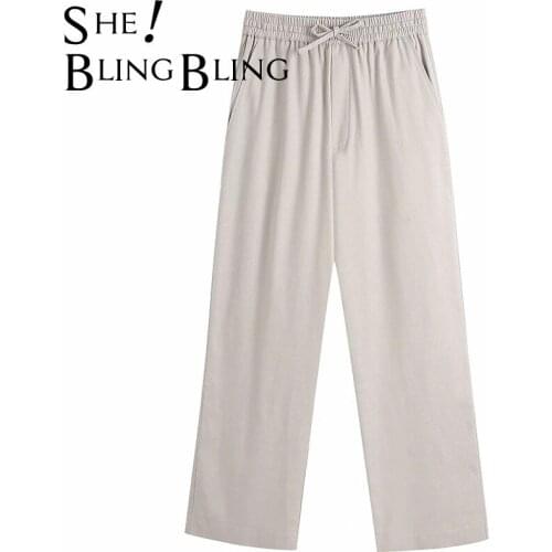SheBlingBling Summer Tie Elastic High Waist Women Casual Ankle Length Wide Leg Pants Hip Pocket Pantalons Femme Career Pants