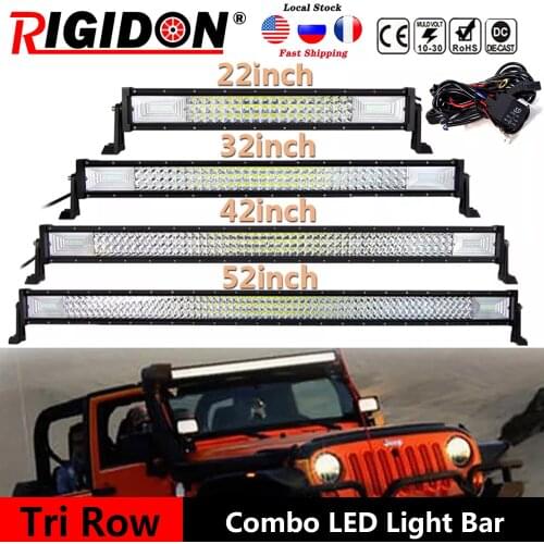RIGIDON 7D Tri Row 22/32/42/52inch LED Light Bar Combo Beam for Offroad Truck Boat Vehicles UTE 4WD ATV SUV With Wiring