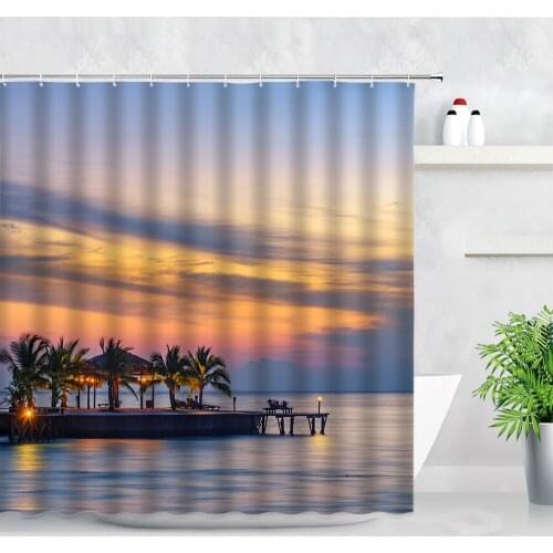 Ocean Night Scenery Shower Curtains Coconut Tree Pavilion Wooden Bridge Waterproof Cloth Bathroom Decor Screen Bath Curtain Set