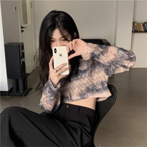 New Autumn Tie-dye Contrast Color Thin Round Neck Womens T-shirt Loose Long-sleeved Bottoming Short Tops For Women