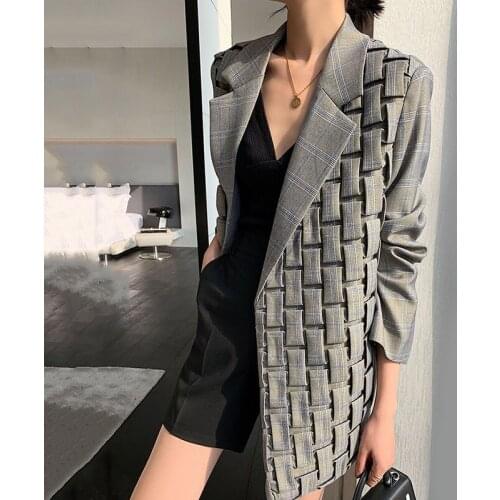 2021 Retro Plaid Grey Pleated Plaid Large Jacket New Lapel Long Sleeve Loose Jacket Fashion Spring And Autumn